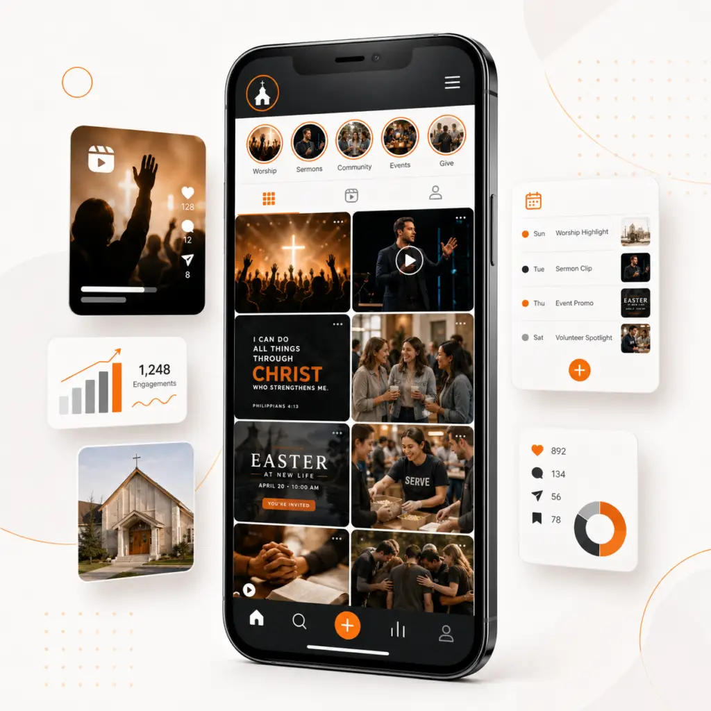 Church social media feed showing worship, ministry, events, and branded content