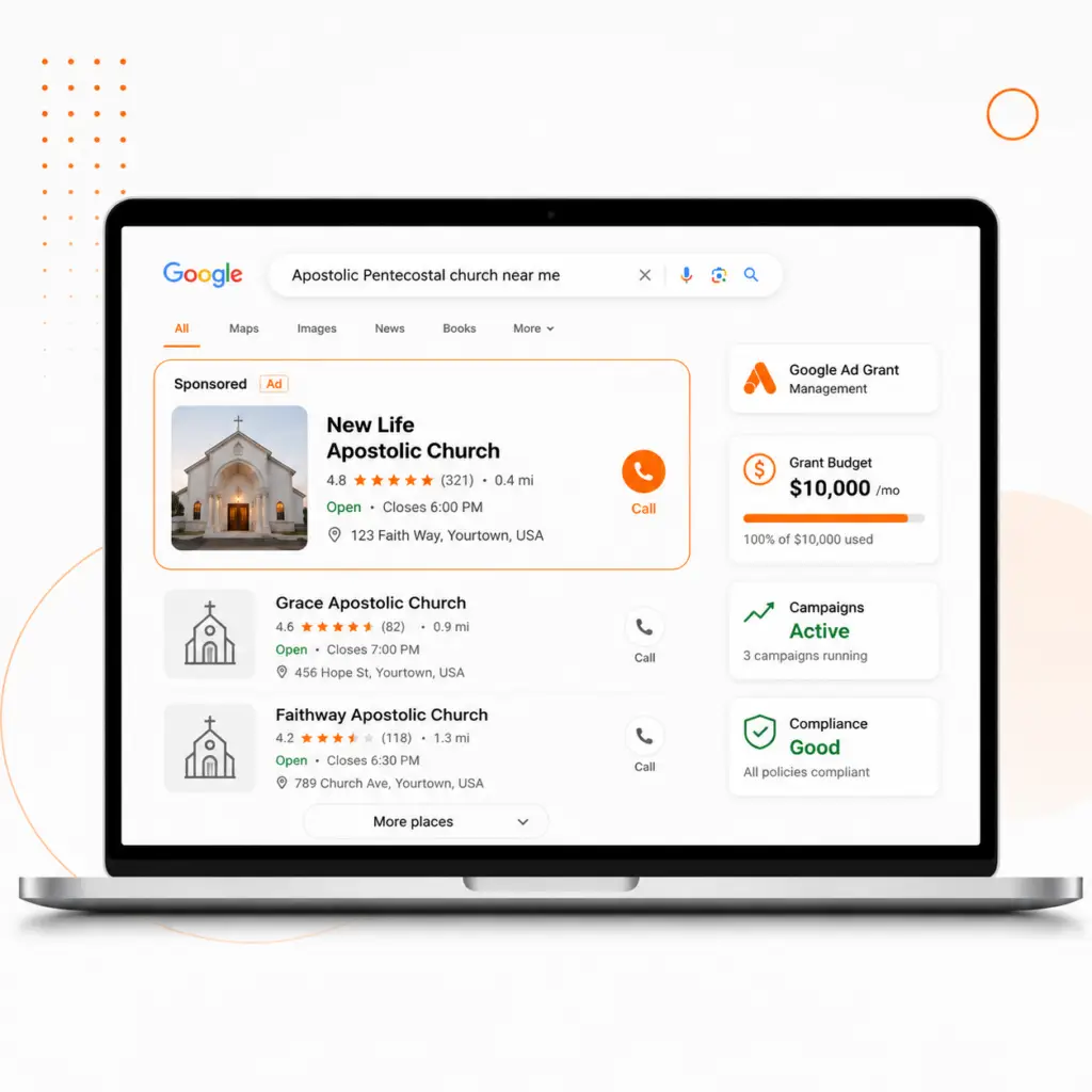 Google Search results showing a sponsored Apostolic church listing through the Google Ad Grant