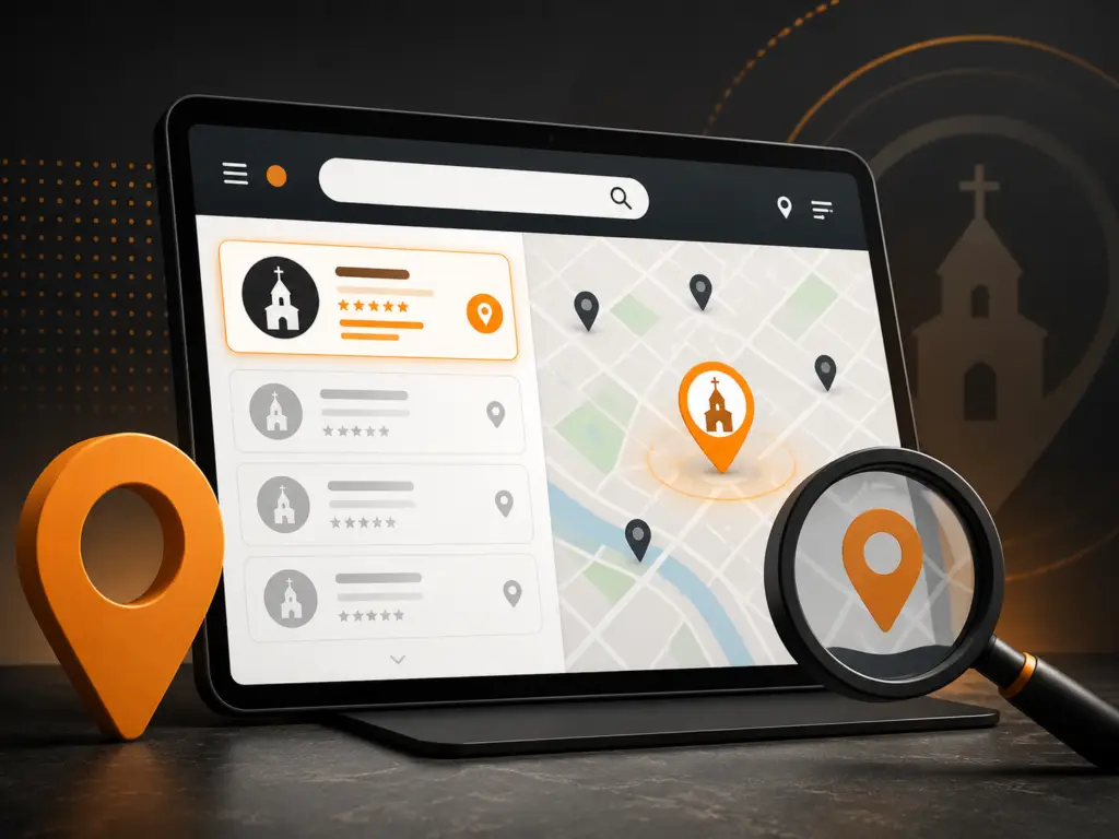 Local search screen with church listings, map pins, and Google Maps visibility