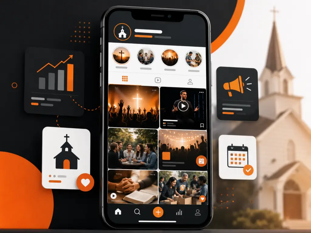 Smartphone showing church social media posts with worship photos, events, and ministry content
