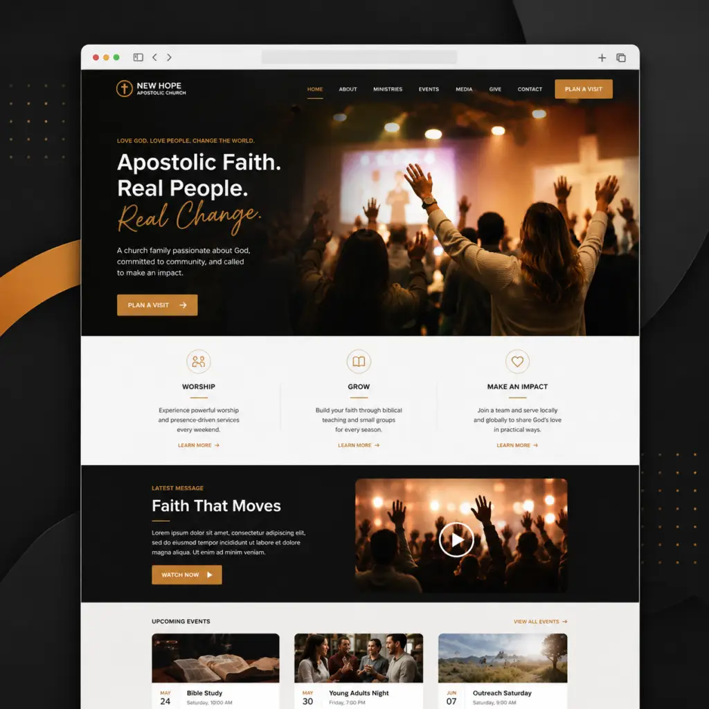 Visitor-focused Apostolic church website featuring worship, ministries, events, and a Plan Your Visit button