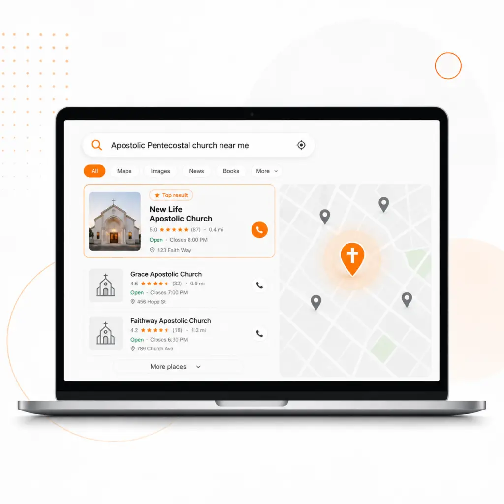 Laptop showing an Apostolic church in Google local search results and Maps