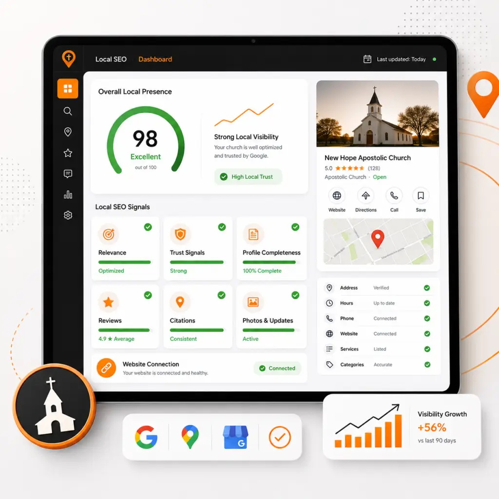 Local SEO dashboard showing church visibility, reviews, citations, and Google Business Profile signals