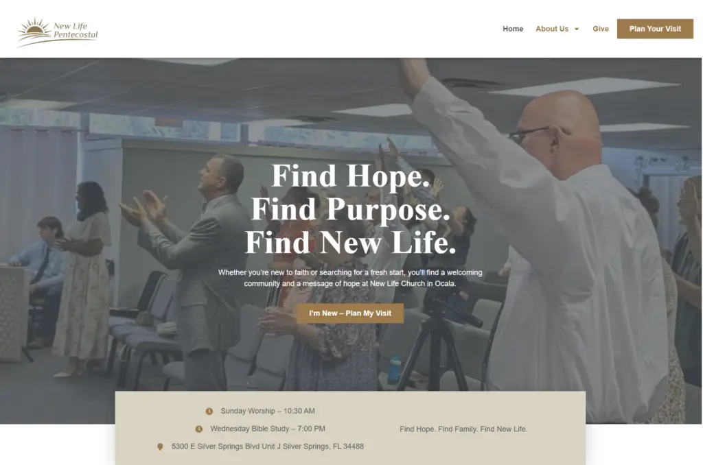 New Life Pentecostal Church homepage designed by 238 SEO