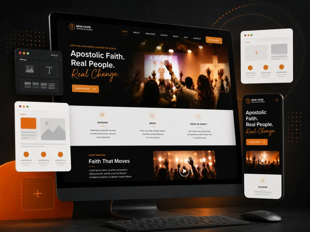Modern Apostolic church website displayed on desktop and mobile devices