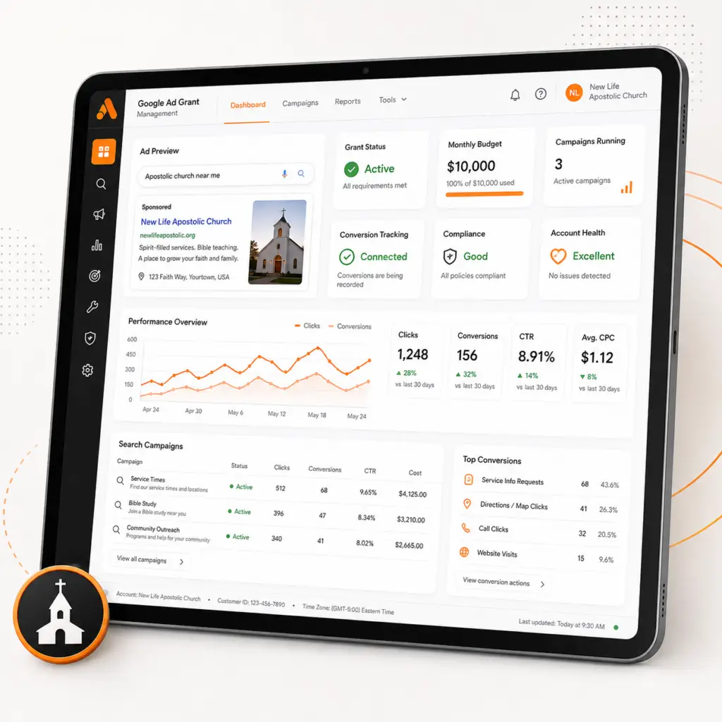 Google Ad Grant management dashboard showing campaigns, conversions, and grant performance